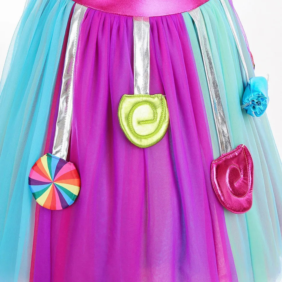 2025 Purim Festival Suspender Rainbow Dress For Girl Candy Lollipop Costume Party Gift Candy Dress + Lollipop Accessories Suit