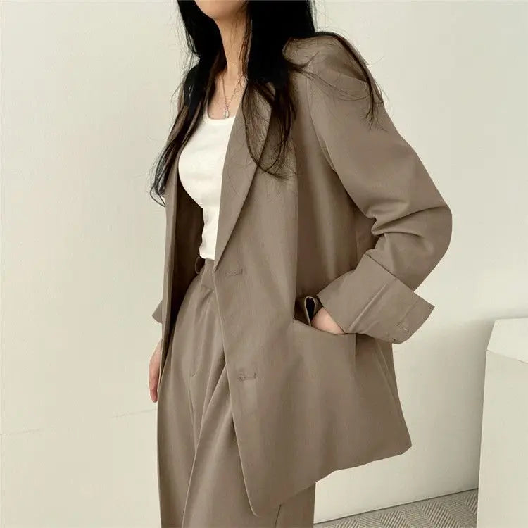 Casual Notch Lapel Suit Set with Button Thick Wide Leg Small Suit Pants High Waist Drape Polyester Business Lady Style Women