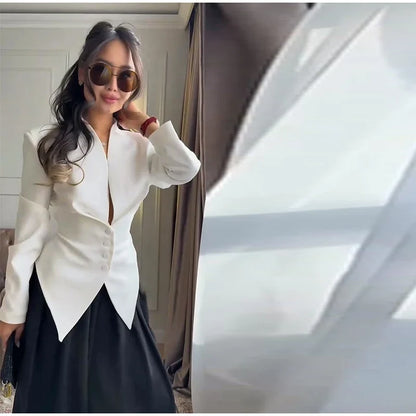 Chic Pleated Waist Cinched Women's Jacket V Neck Single Breasted Lace Up Blazer Coat Lady 2026 Casual Slim Commute Outerwear