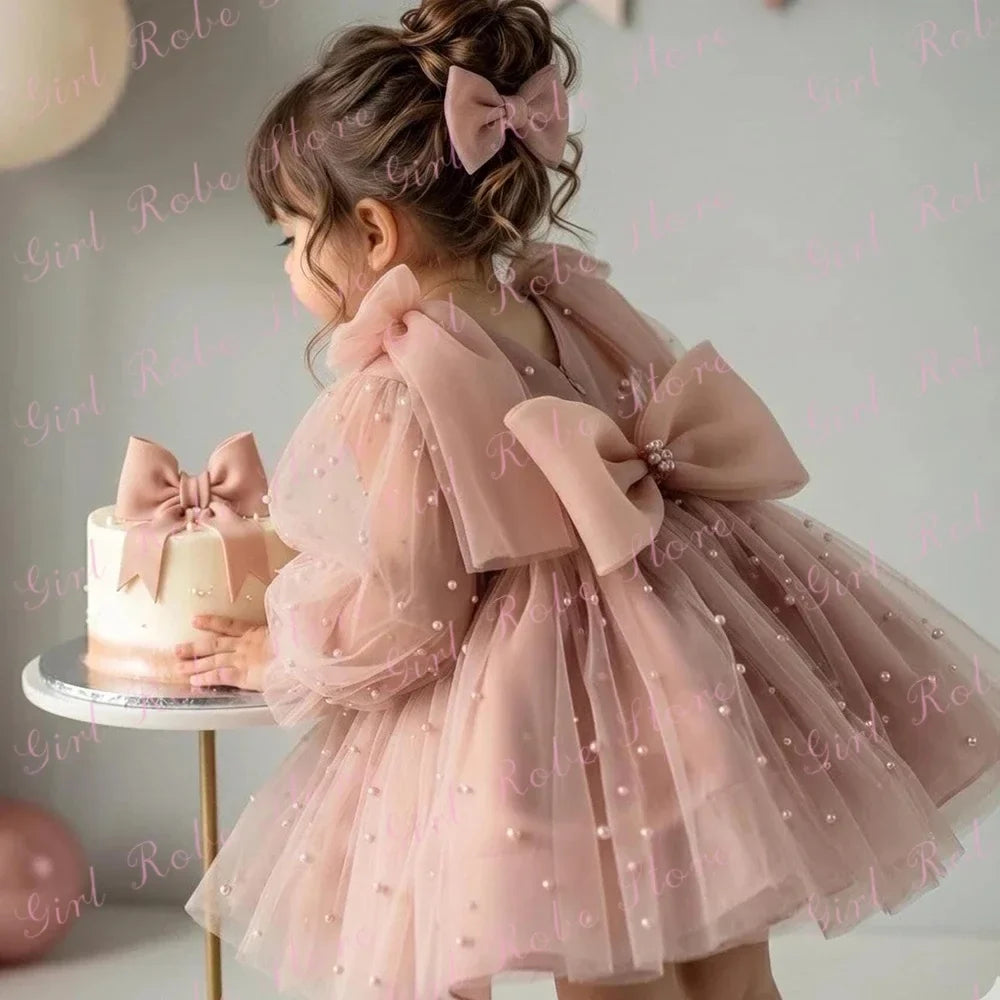 Customized Dusty Pink Flower Girl Dress Full Sleeves Tulle Pearls Puffy With Bow Toddler Birthday Party Banquet Photo Shoot Gown