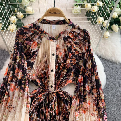 Ele Printed round Ne Lantern Sve Dr Women's Single Button Waist Cinch Maxi Skirt Long Dr Commute Sle Autumn