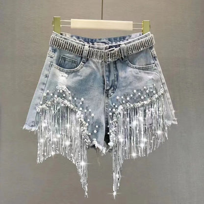 New 2026 Summer Women Heavy Beaded Rhinestone Shorts High Waist Sequin Tassel Ripped Wide Leg Hot Pants
