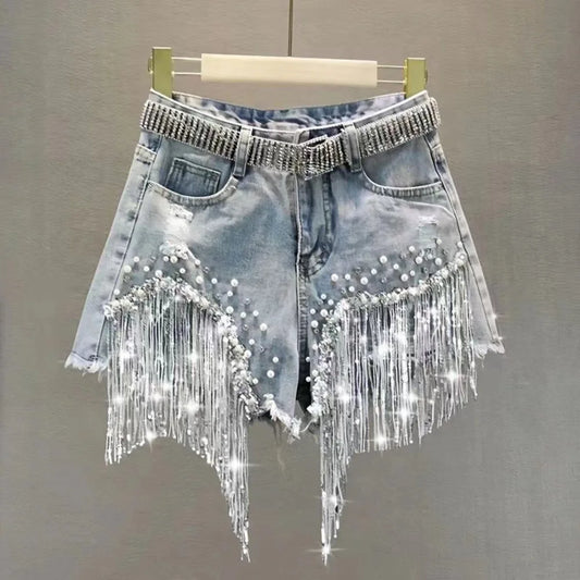 New 2026 Summer Women Heavy Beaded Rhinestone Shorts High Waist Sequin Tassel Ripped Wide Leg Hot Pants