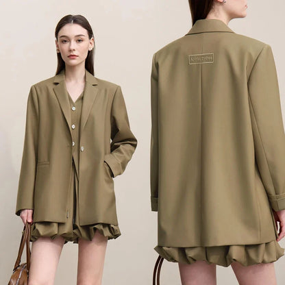 Blazer Women 2026 Autumn New Notched Lapel Padded Shoulder Blazer Embroidery Loose Mid-Length Casual Jacket Women 12641056