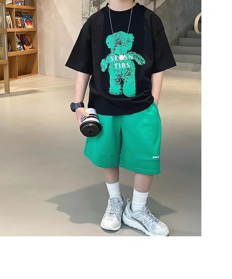 Summer Boys Cotton Cartoon Alphabet Short-Sleeved t-Shirt Tops+Short Pant Set School Kids Tracksuit Children 2PCS Outfit 3-16Yrs