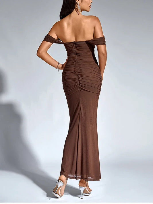 Women's Off Shoulder Ruched Mesh Long Corset Dress Backless Fishbone Bodycon Elegant Fashion Party Club Maxi Dresses