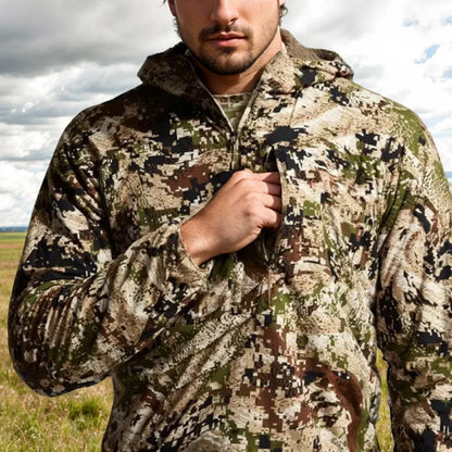 Men's Stretch Camouflage Jacket, Hunting Pullover, Light Nylon Fabric Printed Plush Lining Hoodie