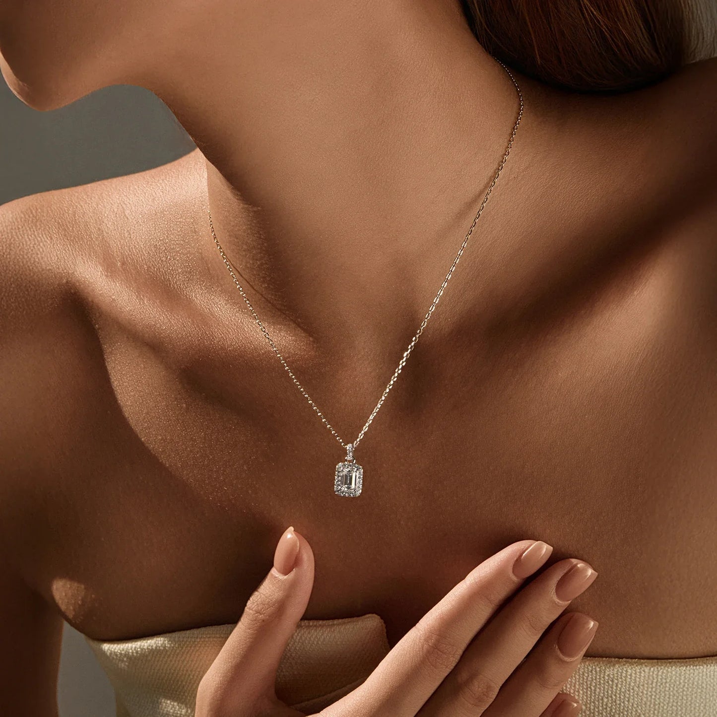 1CT D Color Emerald Cut Moissanite Halo Necklace 925 Sterling Silver Rectangle Wedding Pendant Necklace For Women Jewelry