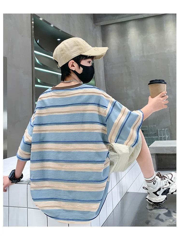 Children Summer Pink Blue Striped Suit Top and Bottom Clothes Set For Teen Boy New Fashion Tracksuit Outfit Kids Casual Clothing
