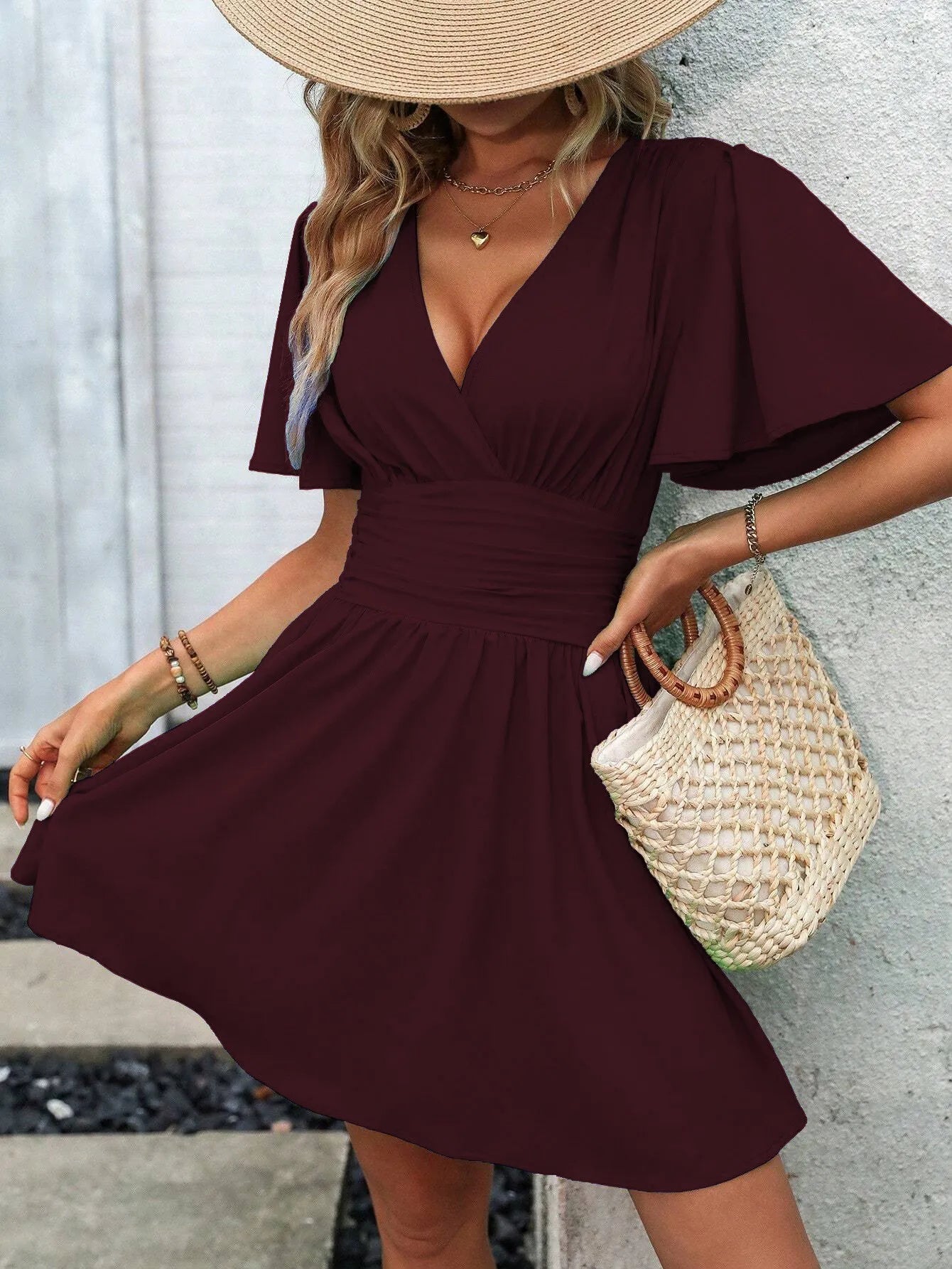 2025 New Summer Deep V-Neck Smocked Ruffled Sleeves Bodycon Dress Women French Retro Style Solid Color Short Long Midi Maxi Dres