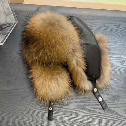 Winter Warm Real Fox Fur Hat Ear-Protecting Hats Women's Genuine Leather Windproof Fox Fur Bomber Hat Thickened Sheepskin Cap