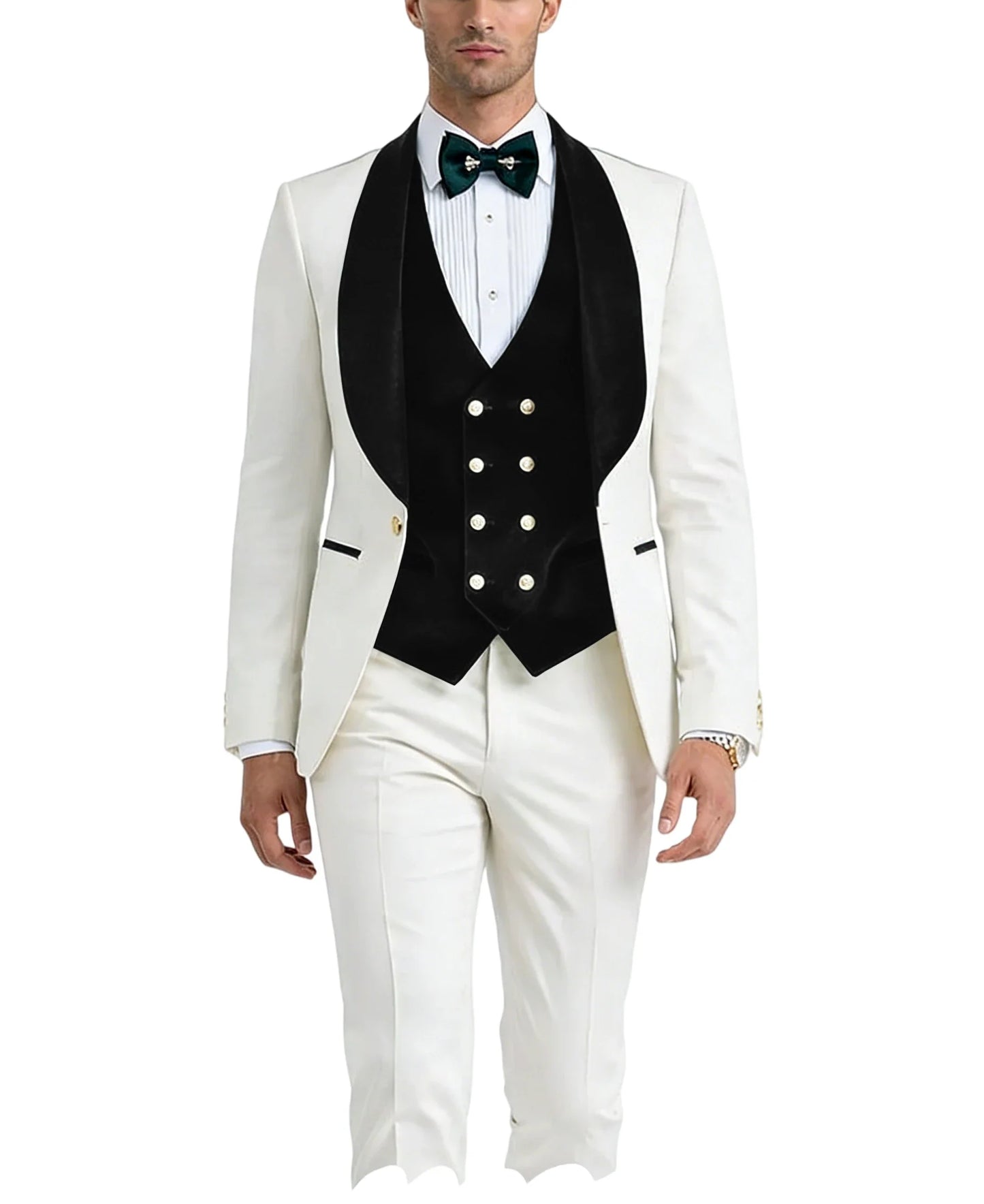Men White Tuxedo Suit 3 Piece Shawl Lapel Slim Fit 1 Button Velvet Collar Patched Blazer Vest Pants Set for Wedding Party Groom