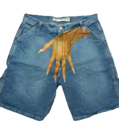 Deeptown Y2k Vintage Harajuku Denim Shorts Women Washed Letter Embroidery Tassels American Retro Jeans Man Baggy Hip Hop Jorts