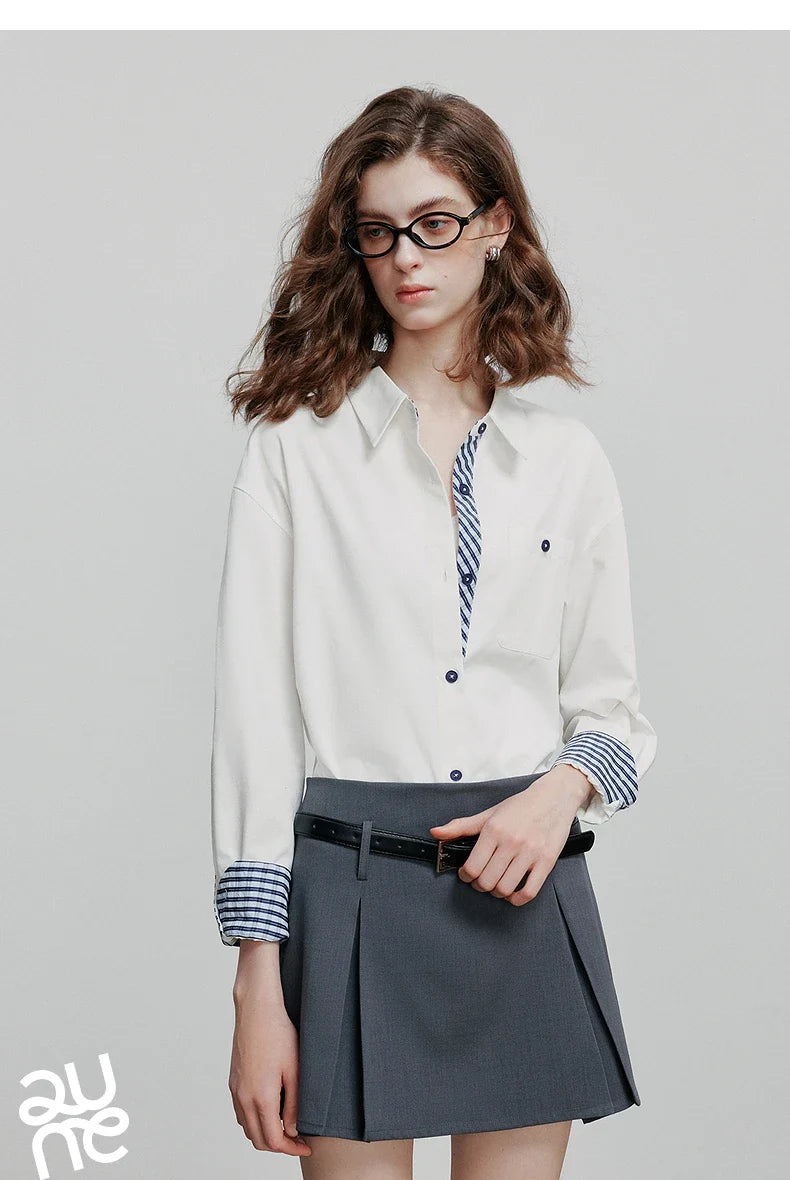 Women Striped shirt, spring 2025 new cavalry diagonal collar spliced pure cotton shirt
