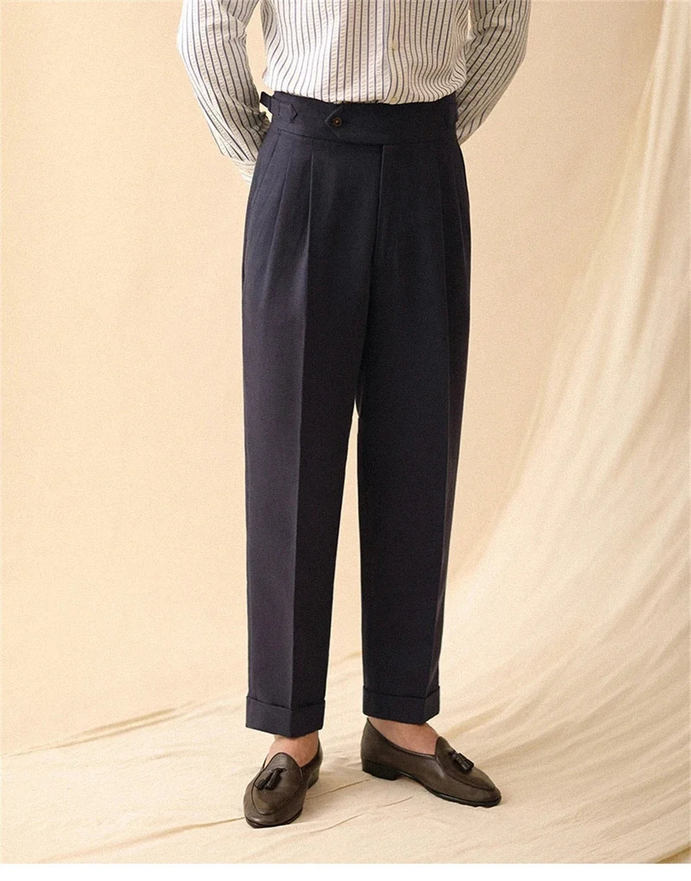 Linen Straight Pant For Men Summer Business Gentleman Naples Pant Paris Buckle Drape High Waisted Trousers Men Formal Pant