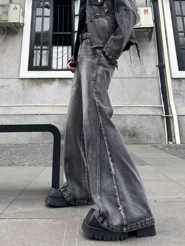2026Trashy Y2K Streetwear Washed Grey Baggy Stacked Flare Jeans Pants Men 90S Vintage Clothes Hip Hop Luxury Male Long Trousers