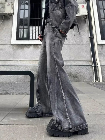 2026Trashy Y2K Streetwear Washed Grey Baggy Stacked Flare Jeans Pants Men 90S Vintage Clothes Hip Hop Luxury Male Long Trousers