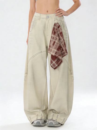 Women's Apricot Wide Jeans Vintage Harajuku Y2k Baggy Denim Long Pants Japanese 2000s Style Denim Trousers Oversize Clothes New