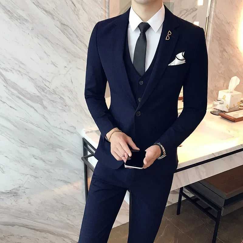 Blue Men Classic Striped/Checked Suits, Asian Size Slim Fit Business Office 3-Piece Sets, Black/Gray and Red Available.