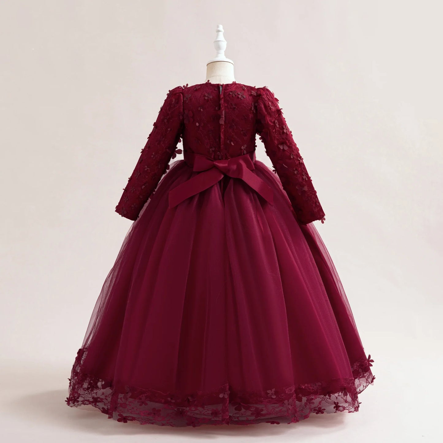 Long Sleeve Flower Bridesmaid Girls Dress Children Christmas Costume Lace Bow Princess Kids Dressees For Girl Party Wedding Gown