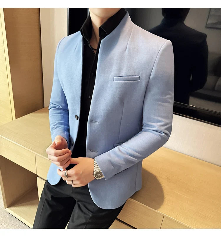 New Waffle Chinese Stand-Up Collar Blazers Men Slim Fit Business Casual Fashion Suits Jacket Formal Social Prom Party Tuxedos