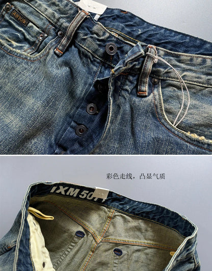 13.5oz Men's Japanese Indigo Blue Selvedge Straight Leg Denim Jeans for Men Artisan Vintage Spring Washed with Raw Hem Detailing