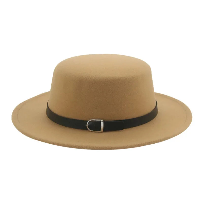 Felted Men Hats Solid Flat Top Belt Band Classic Simple Fedora Hats Khaki Camel Black White Red Casual Formal Dress Winter Hats