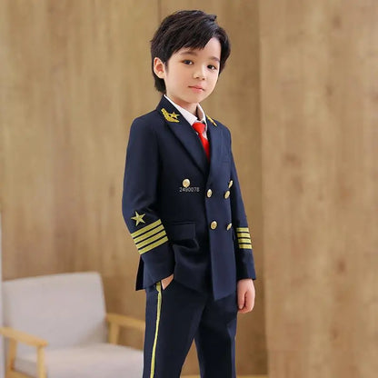 Flower Boys Pilot 3Pieces/Set Jacket Pants Tie Uniform Suit Kids Tuxedo Wedding Dress Children Birhtday Photograph Stage Costume