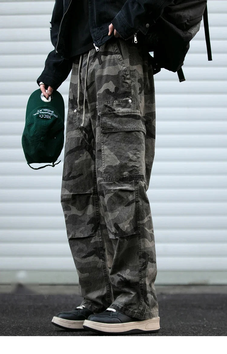 American Tactical Cargo Pants Men Heavyweight Cotton Loose Fit Straight Leg Camouflage Vintage Washed Outdoor Streetwear Premium