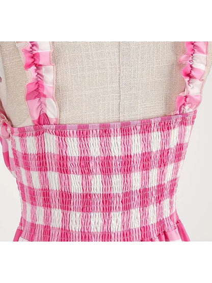 Spaghetti Strap Pink Plaid Dress Women Summer Elegant Vintage 50s Rockabilly Swing Party Dress