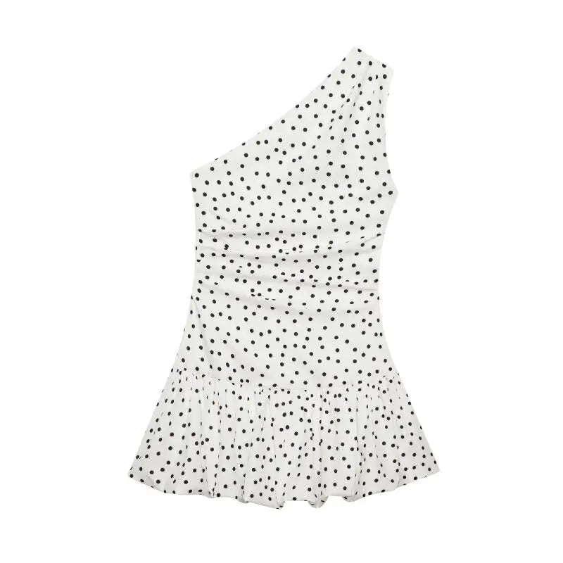 Women One Shoulder Sleeveless Polka Dot Mini Dress Ruched Waist Ruffle Hem Elegant Casual Party Short Dress Spring Summer