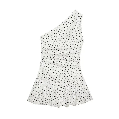 Women One Shoulder Sleeveless Polka Dot Mini Dress Ruched Waist Ruffle Hem Elegant Casual Party Short Dress Spring Summer