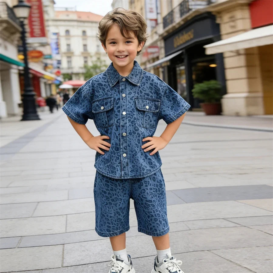 Trend Kids Boy Summer Leopard Denim Suit Two Piece Outfit Set y2k Denim Shirt And Shorts Clothing Set for Baby Child Streetwear