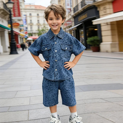 Trend Kids Boy Summer Leopard Denim Suit Two Piece Outfit Set y2k Denim Shirt And Shorts Clothing Set for Baby Child Streetwear
