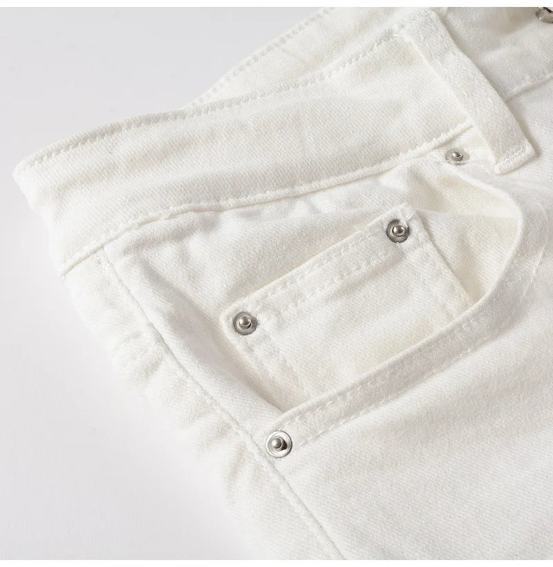 Men's White Stretch Ripped Biker Jeans Slim Skinny Pleated Patchwork Denim Pants