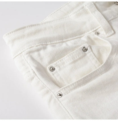 Men's White Stretch Ripped Biker Jeans Slim Skinny Pleated Patchwork Denim Pants