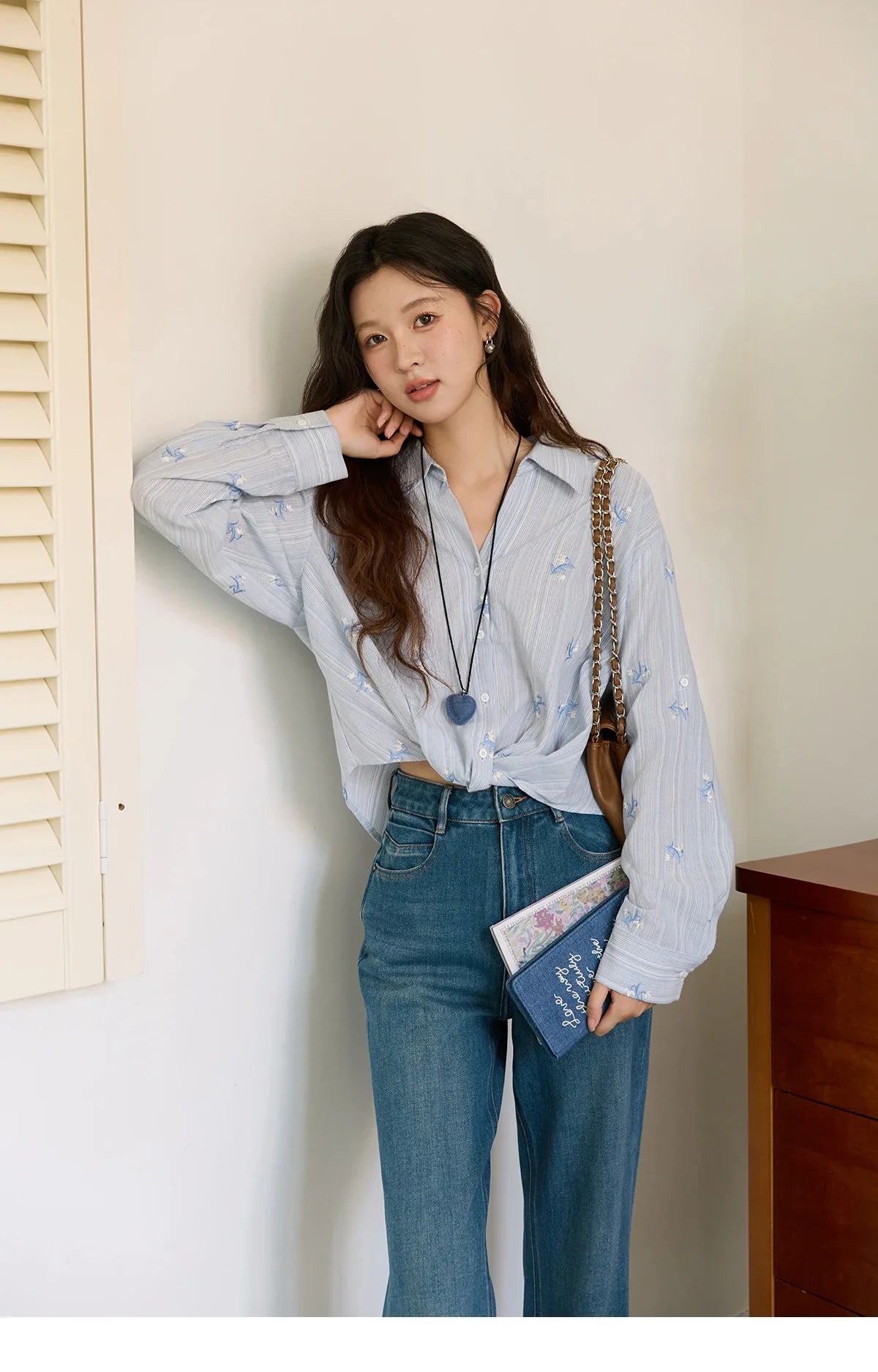 Long Sleeve Shirts for Woman 2025 Autumn Retro Blue Single-breasted Blouse Floral Embroidery Casual Tops MXE45X2495