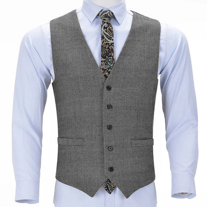 Men Vest Brown Herringbone Single Button V Neck Solid Waistcoat For Business Banquet Work Casual Daily Men Suit Vest