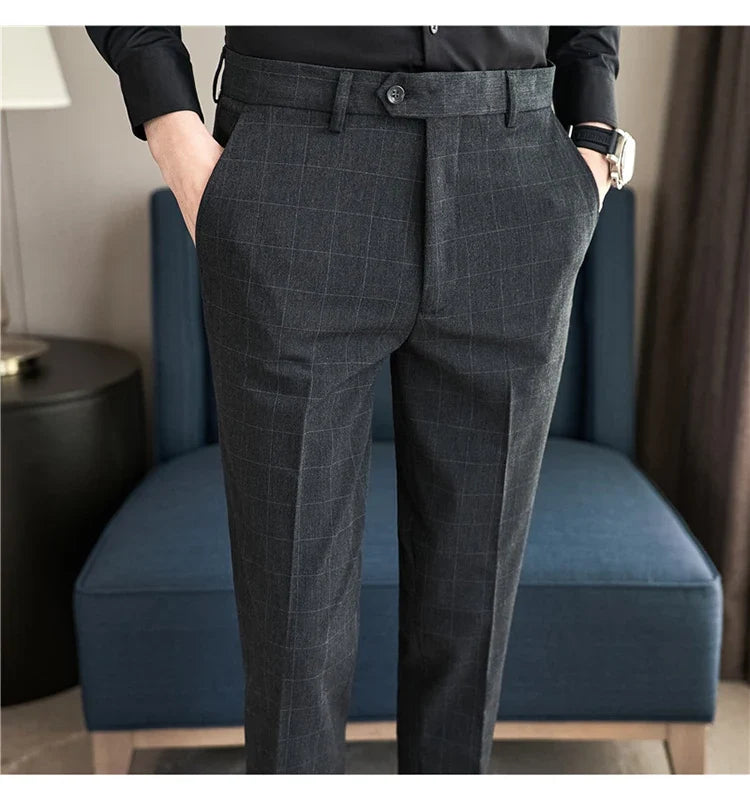 2026 High Quality Men's Plaid Striped Suit Pants Fashion Business Slim Fit Casual Straight Pants Formal Wedding Party Trousers