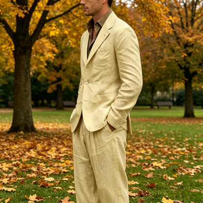 Men's Linen Suit 2 Pieces Set Casual Blazer & Wide Leg Pants Notch Lapel Breathable Wedding Business Party Jacket Tuxedo Summer