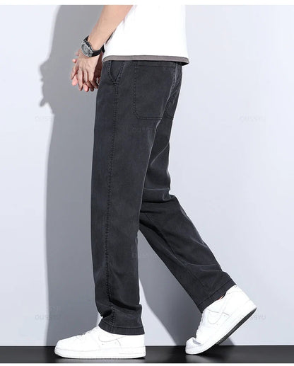 Brand Clothing Summer New Soft Lyocell Fabric Jeans Men Blue Elastic Waist Loose Straight Thin Denim Trousers Male Plus Size 5XL