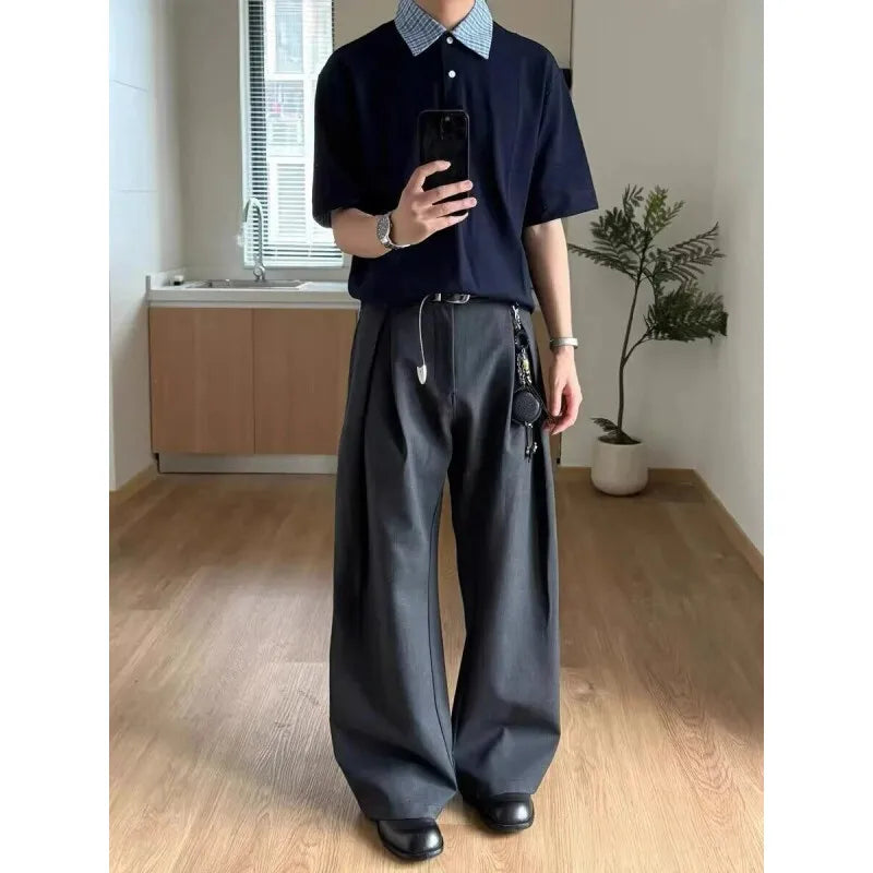 Grey Suit Pants Men Fashion Society Mens Black Dress Pants Korean Loose Casual Wide Leg Pants Mens Office Formal Trousers