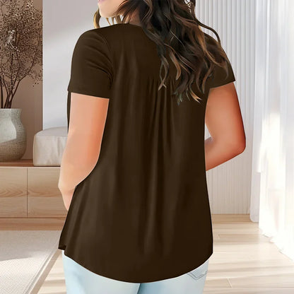 Solid Color Button Front Tee, Casual Fashion Short Sleeve Scoop Neck T-shirt for Summer