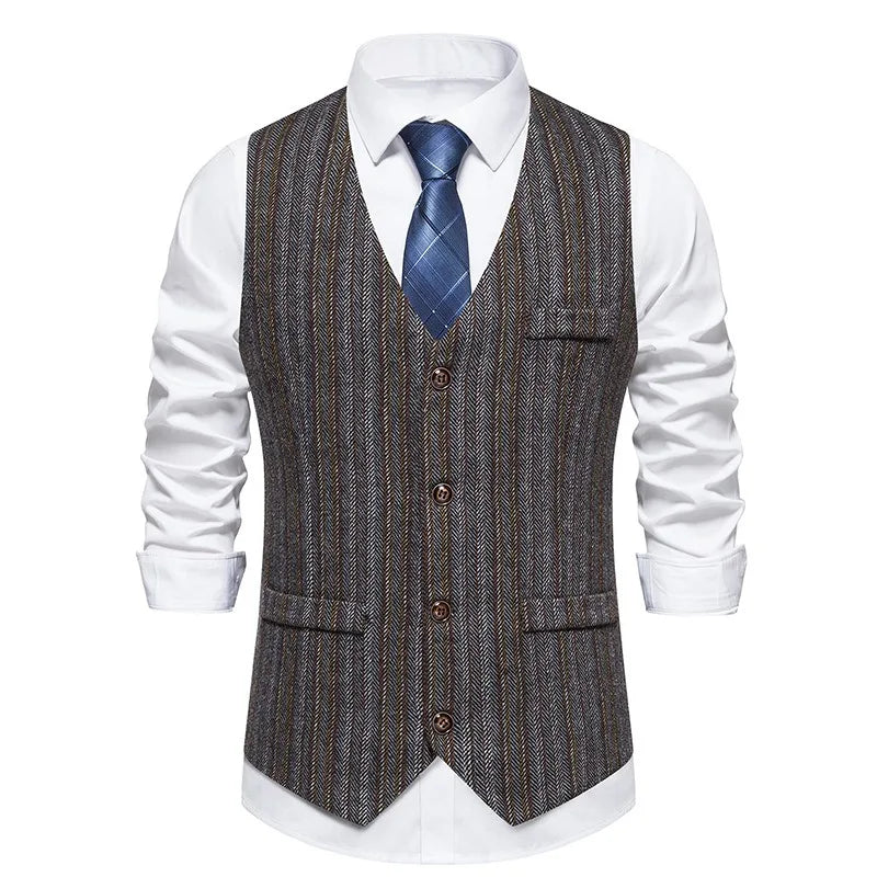 Men Waistcoat Autumn Vintage Striped Single-breasted Man Vest Slim Sleeveless Business Casual Versatile Male Suit Vest