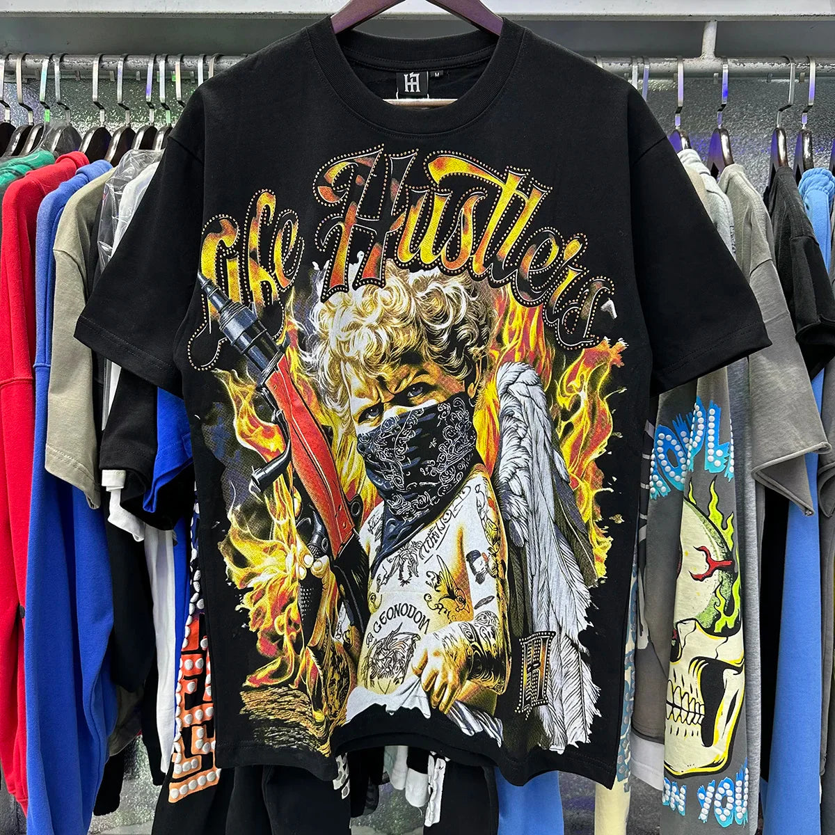 Masked Tattoo Angel Gun Diamond Short Sleeve Tshirts for Men and Women Crew Neck Cotton Summer Top Tees Oversized