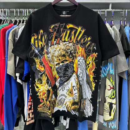 Masked Tattoo Angel Gun Diamond Short Sleeve Tshirts for Men and Women Crew Neck Cotton Summer Top Tees Oversized