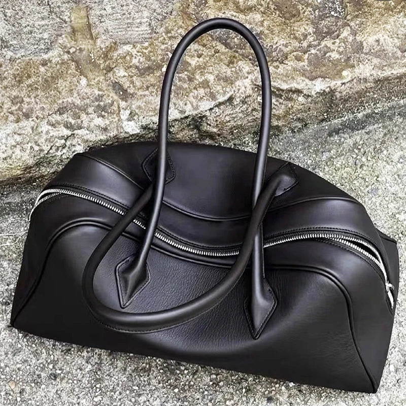 Genuine Leather Bowling Bags For Women Luxury Designer Handbags And Purses 2025 New In Cowhide Lychee Texture Underarm Shoulder