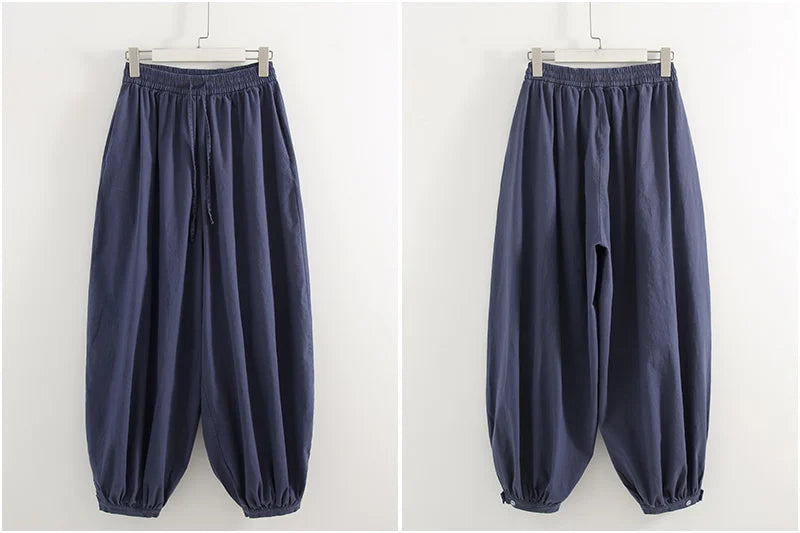 Summer Cotton Oversized Pants For Women Blue Baggy Aladdin Trousers Elastic Bloomers Navy Blue Cropped Lantern Harem Pants Woman