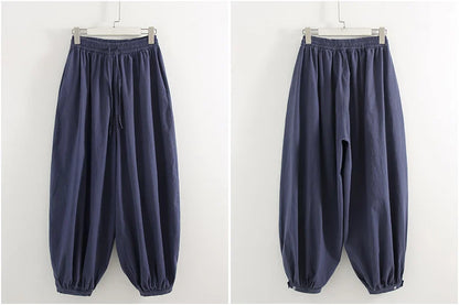 Summer Cotton Oversized Pants For Women Blue Baggy Aladdin Trousers Elastic Bloomers Navy Blue Cropped Lantern Harem Pants Woman