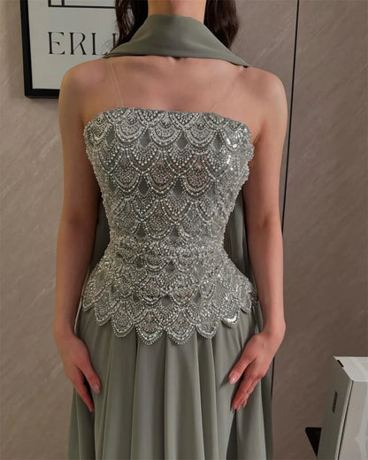 Custom Classic Evening Dress Strapless Beaded Bodice Robes De Soirée Sage Cape Shawl Bridesmaid Dress Maxi Floor Length